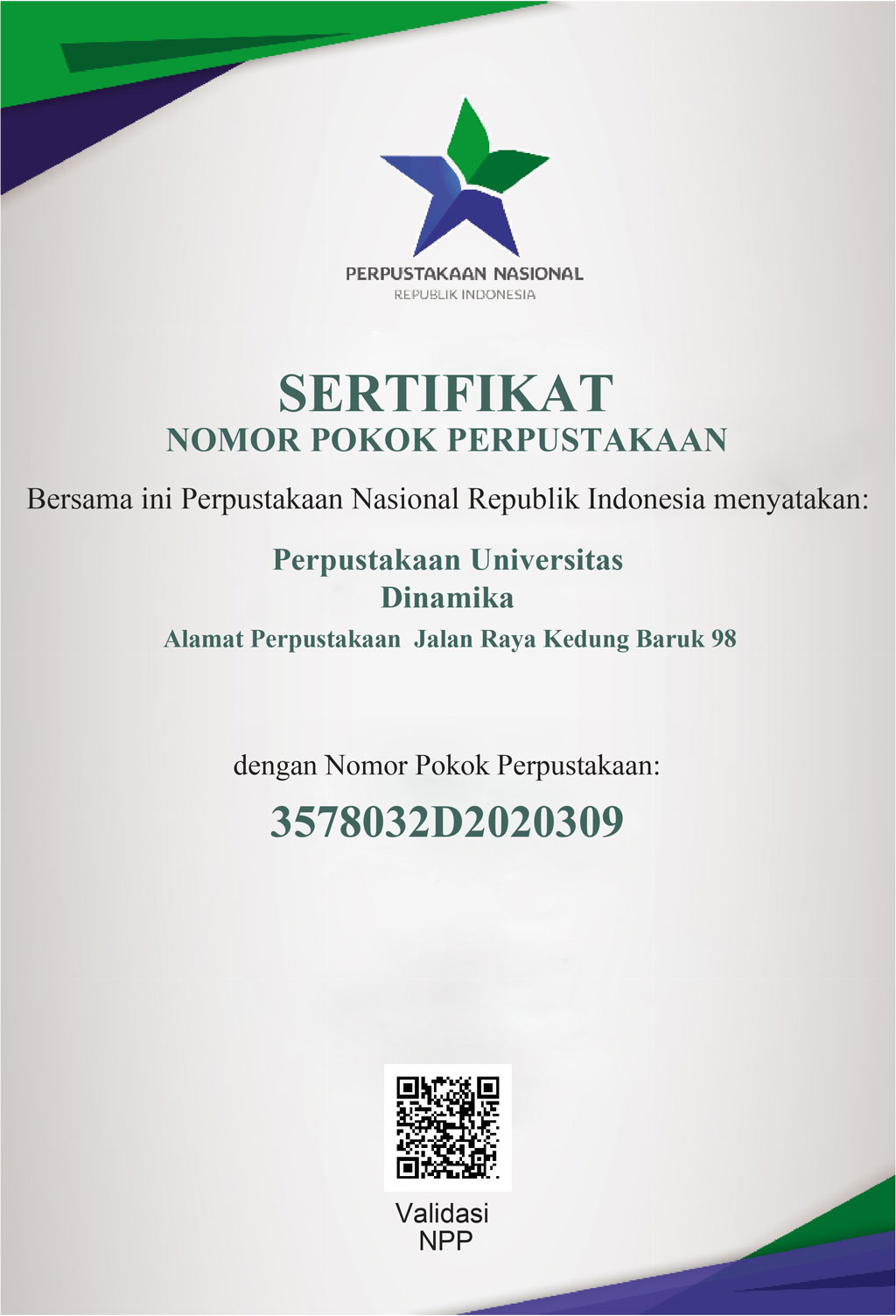 Sertifikat Nomor Pokok Perpustakaan dari Perpusnas